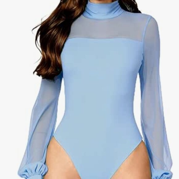 Long Sleeve Turtleneck Mesh Bodysuit with Snap Closure - Picture 1 of 8